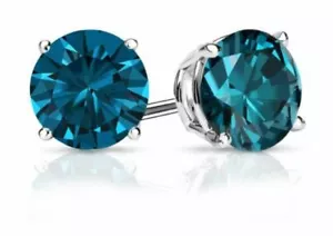 Gift 2CT Lab-Created London Blue Topaz Stud Earrings in 14K White Gold Over 925 - Picture 1 of 9