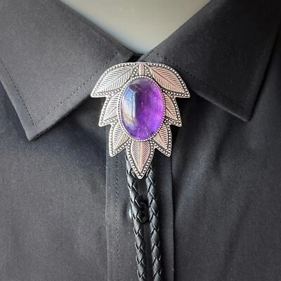 Collar de Boda Occidental Piedra Amatista Natural Bolo Corbata Hoja de Plata Patrón Foto 1 de 4