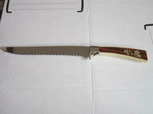 Retro Sheffield Carving Knife Carver Large Serrated 12" Woodgrain Gold Flowers - Picture 1 of 12