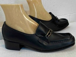 Sz 8 NOS Vtg 70s Mod Loafers Shoe Block Heel Black Leather Delmar Slip-On Belted - Picture 1 of 12