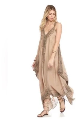 Free People Merida Printed Maxi Dress beaded bohemian vacation Large - Image 1 of 4