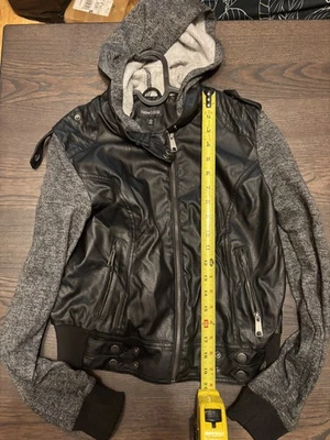 New Look Faux Leather Jacket Womens Large Black Hood Melange Sleeves Moto - Image 1 of 4