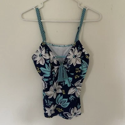 Beach House Womens 14 Tankini Swim Top Halter Black Blue Tropical Bow V Neck - Image 1 of 4