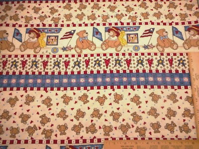 Cotton Fabric By Yard Patriotic Bear Stripe Stars Flags Hearts on Cream Vtg - Image 1 of 2
