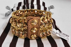 New Henri Bendel Friend Pink Leather Gold Link Jeweled Rivet Wrap Bracelet - Picture 1 of 4