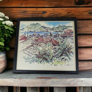 Japanese Watercolor Village Sea tropic vtg  Batan Framed 12x10.5" - Picture 1 of 8