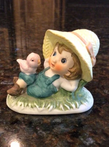 Vintage Artmark Porcelain Figurine Boy Blue Overalls with Bird On Knee EUC 2.75” - Picture 1 of 6