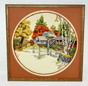 Vintage Crewel Embroidered Framed Fall Autumn Mill Scene Signed Art Decor 17" Sq - Picture 1 of 7