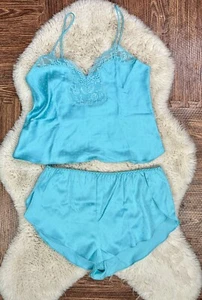 Vintage 70s Victoria's Secret Satin Blue/ Teal Lingerie Set Small - Picture 1 of 12