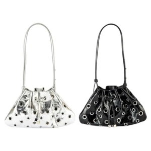 Elegant Evening Purse Metallic Leather Look Rivet Embellished Evening Bucket Bag - Picture 1 of 10