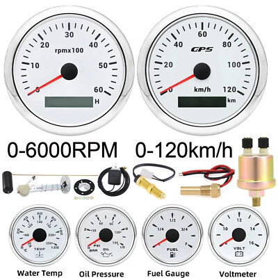 6 Gauge Set 85mm GPS Speedometer 120kmh Tachometer Waterproof for Boat Car Truck - Image 1 of 4