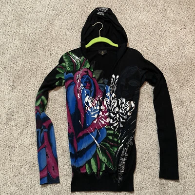 Sudadera con Capucha Y2K Christian Audigier Negra Multi Cuello en V Pantera Rosa Bling Ed Hardy Med Foto 1 de 4