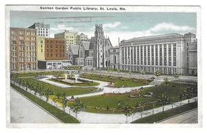 Postal de lino vintage de Missouri biblioteca pública jardín hundido de Kansas City - Imagen 1 de 2