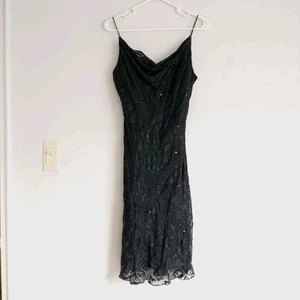 XSCAPE Joanna Chen Midi Dress 10/*Black Floral Silk Blend Mesh Beaded Strap Y2K - Imagen 1 de 10