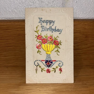 WW1 Silk Embroidered Postcards Collectible Happy Birthday Rare Union Jack - Image 1 of 2