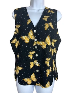 Vintage Norton McNaughton Vest Butterflies Womens 12 Petite Button Black Yellow - Picture 1 of 9