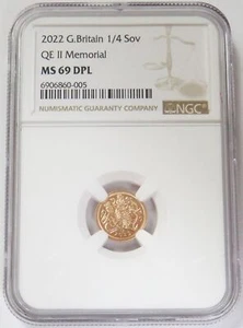 2022 GOLD GREAT BRITAIN 1/4 SOVEREIGN QE II MEMORIAL NGC MINT STATE 69 DPL - Picture 1 of 4