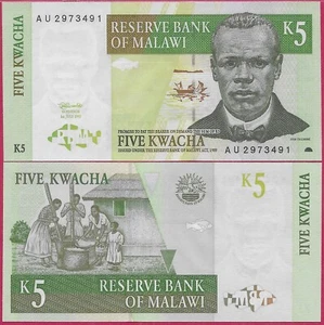 MALAWI 5 KWACHA 1997 UNC PORTRAIT OF JOHN CHILEMBWE,VILLAGERS MASHING GRAIN,Lett - Picture 1 of 1