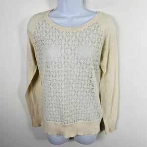 Mossimo Womens Top Sz L Ivory Floral Lace Crochet Front Round Neck Long Sleeve  - Picture 1 of 12