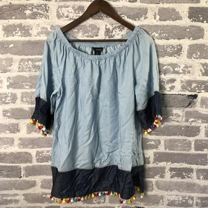 Ali Miles Tunic Top Womens Medium Blue Boho Pom Pom Trim Denim Sleeve Hem Tencel - Picture 1 of 12