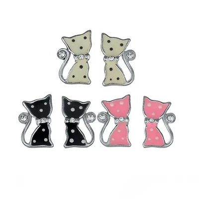固体 925 银甜多色猫耳钉耳环,白色、黑色和粉红色 — 第 1/4 张图片