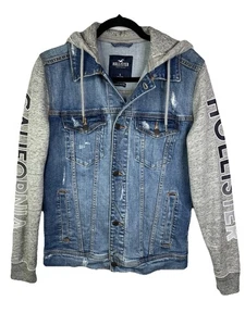 Hollister Epic Flex Distressed Jeansjacke mit Kapuze grau Ärmel S Taschen Logo - Bild 1 von 9