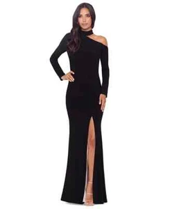 $219 XSCAPE Petite Women's Cutout Shoulder Long-Sleeve Leg-Slit Gown, Black, 10P - Picture 1 of 3