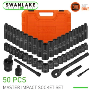 50PC 3/8" Drive Impact Socket Set Deep & Standard SAE Metric 5/16 - 3/4 8 - 22MM - Picture 1 of 9