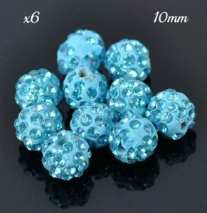 Set 6 Aquamarine Rhinestone Crystal Pave Shamballa Disco Ball Spacer Beads 10mm - Picture 1 of 1
