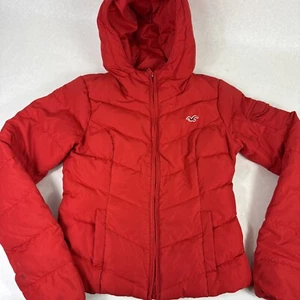 Hollister Womens Red Puffer Jacket Coat Feather Down Hooded Size XS - Picture 1 of 20