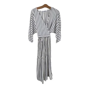 Iris + Grey Midi Dress Size Small Striped Wrap Pleated 3/4 Sleeve Elastic NEW - Picture 1 of 11