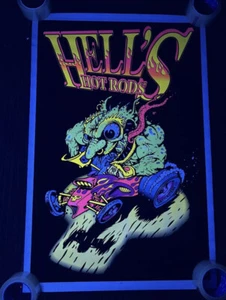 Vintage 1997 Hells Hot Rods Flocked Blacklight 23”x35” Artmasters 90s Poster USA - Bild 1 von 10