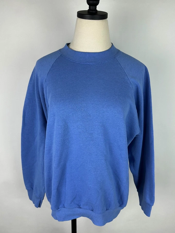 复古 90 年代水果房运动衫女式 L Periwinkle 蓝色 Raglan 美国制造 — 第 1/4 张图片