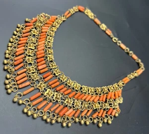 Antique Art Deco Egyptian Revival Natural Coral Faience Necklace Hand Carved - Picture 1 of 10