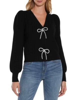 EXPRESS V-Neck Embellished Bow Cardigan - BLACK Size Small MSRP $108. - Image 1 of 4