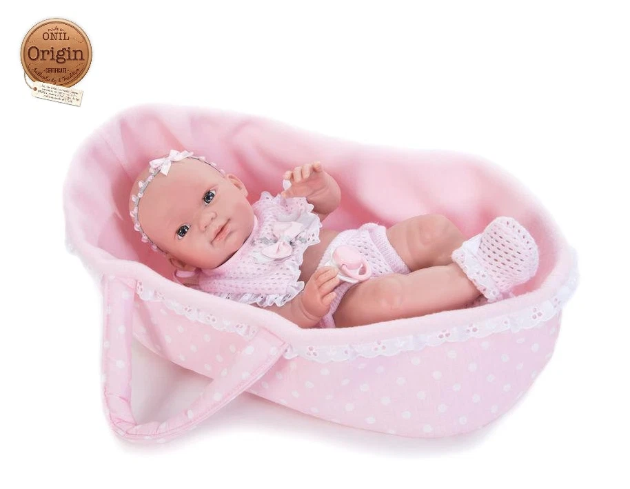 NINES D'ONIL Poupée 37Cm Mon Bébé Dans Un Berceau Rose Corps En Vinyle - Photo 1/1