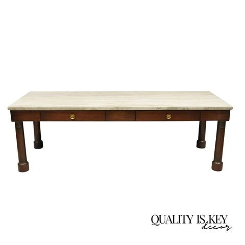 Vintage Empire Style Custom Mahogany Marble Top Coffee Table with 2 Drawers Cover