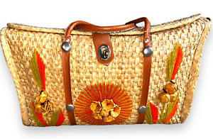 Vintage Acapulco Straw Woven Large Shopper Tote Beach Bag Purse 3D Flowers