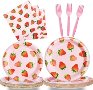 96 Pcs Strawberry Birthday Party Plates Napkins Forks Supplies Summer Fruit... - Picture 1 of 7