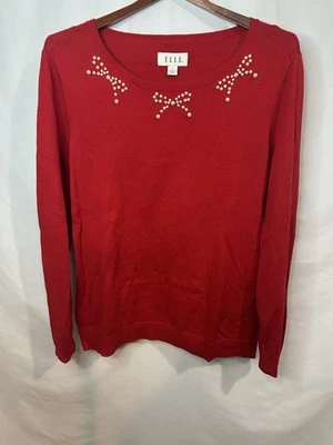NUEVO CON ETIQUETAS Hermoso Suéter Rojo Vacaciones Elle para Mujer Lazos Diseñado en Perlas Talla XL Foto 1 de 4