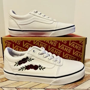 VANS Ward White Red Rose Embroidery Missy Kids 3 Low Top Sneaker Romantic - Picture 1 of 10