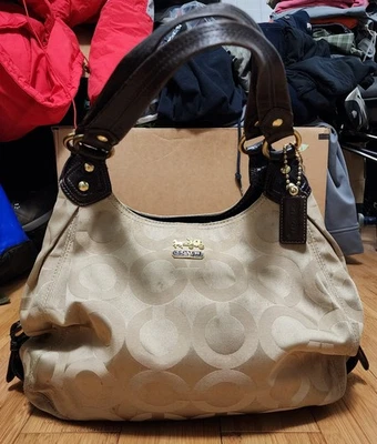 Coach Madison Hobo Style Hand Shoulder Bag #F0973-14305, Tan Sateen w Brown Trim - Image 1 of 4