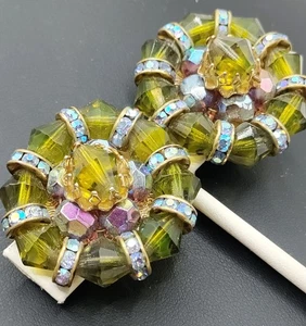 Hobe'  Sage Green & Blue Aurora Borealis Rondel Bead Cluster Earrings - Picture 1 of 8