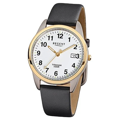 Regent Herren-Titanuhr Nero Analogico F-687 Cinturino IN Pell URF687 - Immagine 1 di 4
