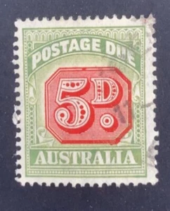 Australia 1946 Postage Due 5d Carmine and Yellow-Green - Used - Picture 1 of 2