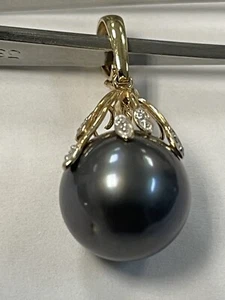 14k solid yellow gold 13.5mm Tahitian Black Pearl Diamond Pendant - Picture 1 of 9