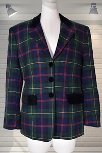 Vintage 1980s Tartan Wool & Velvet Riding Blazer Jacket - UK 12 Medium - Picture 1 of 5