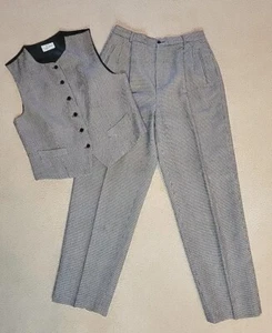 Tuta donna lana vintage pied de poule 2 pezzi gilet pantaloni anni 70 80 taglia 4 o 6 LEGGI - Foto 1 di 13