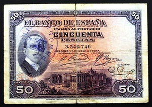 Spain-Alfonso XIII. 50 Pesetas 1927. Madrid. Sello en tinta República Española. - Picture 1 of 2