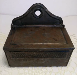 Antique Tin Metal Match Stick Matches Wall Holder Striker Front Hinged Lid 3.5" - Picture 1 of 10